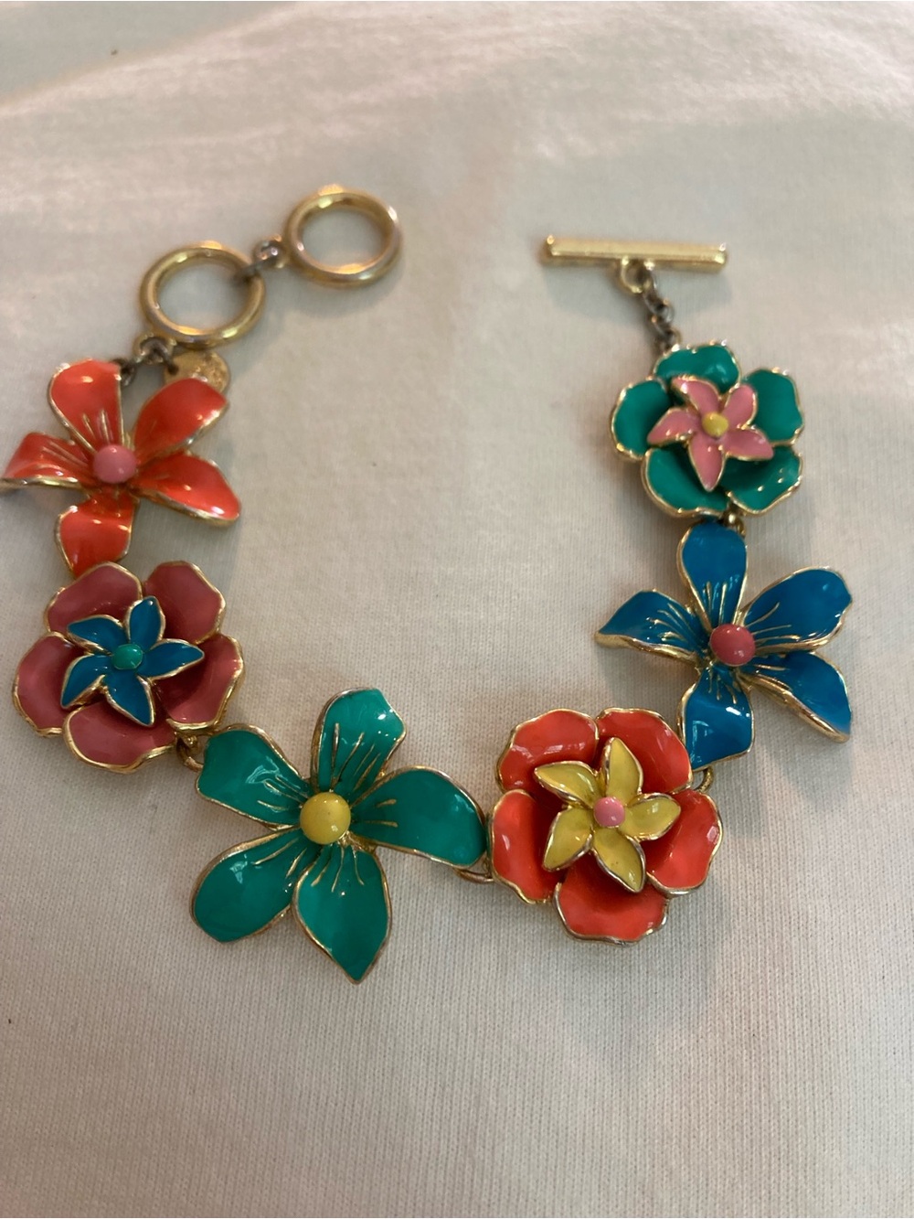 Talbots Signed Multi Colored Flowers Panel Link Bracelet